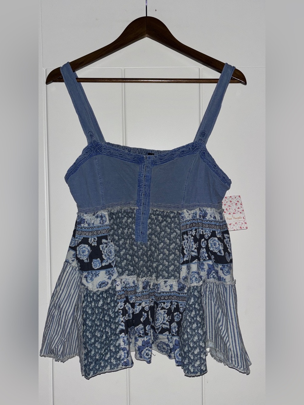Free People Blue Mixed Print Patchwork Floral Smock Cami Top Women L Boho NEW